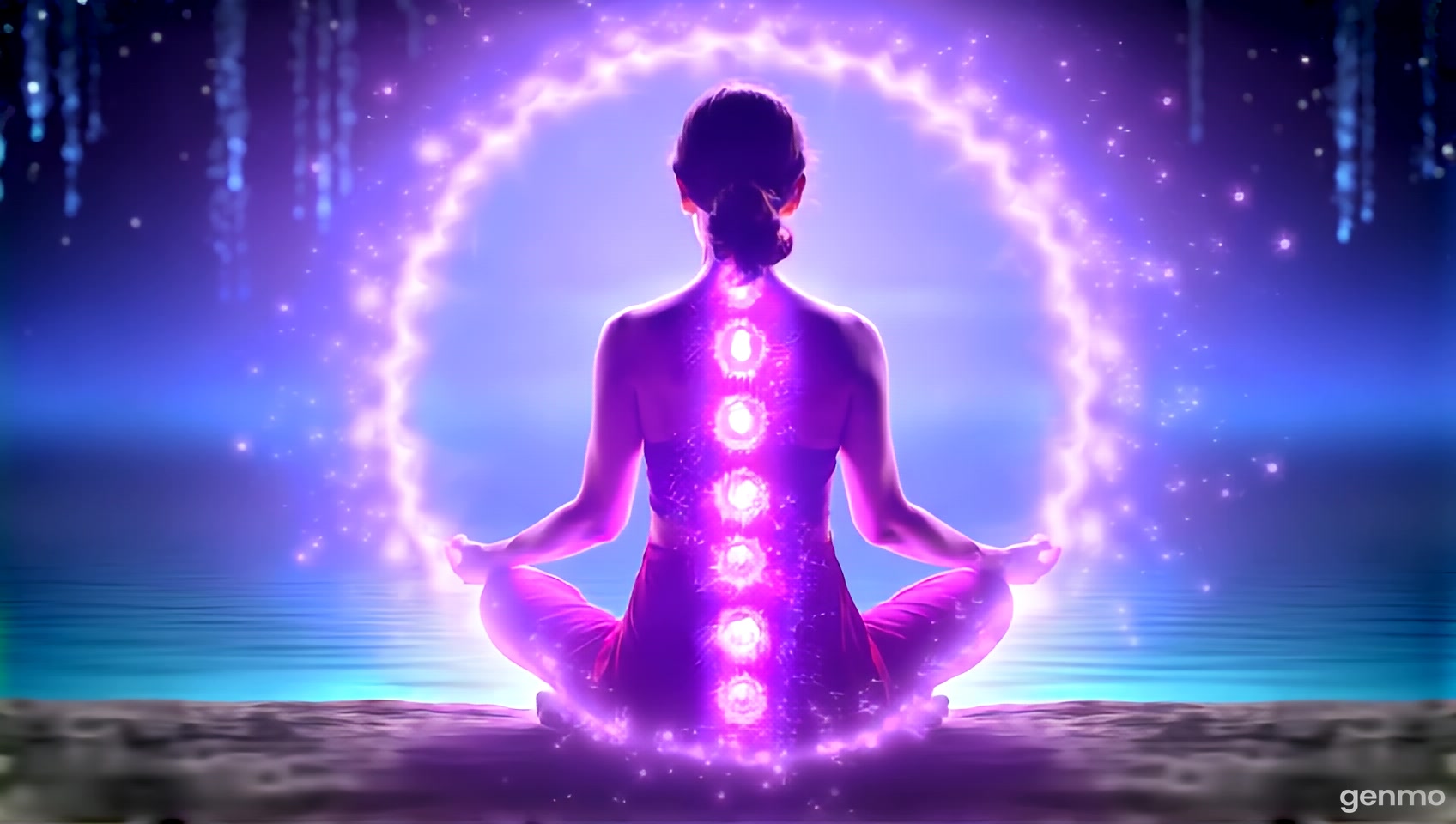MUJER DE ESPALDA MEDITANDO SOBRE UN LAGO LLENO DE LUZ , VESTIDA CON ROPA HINDÚ, CON LOS CHAKRAS DE LUZ VIOLETA CLARO,  LUZ  CELESTIAL Y VIBRANTE