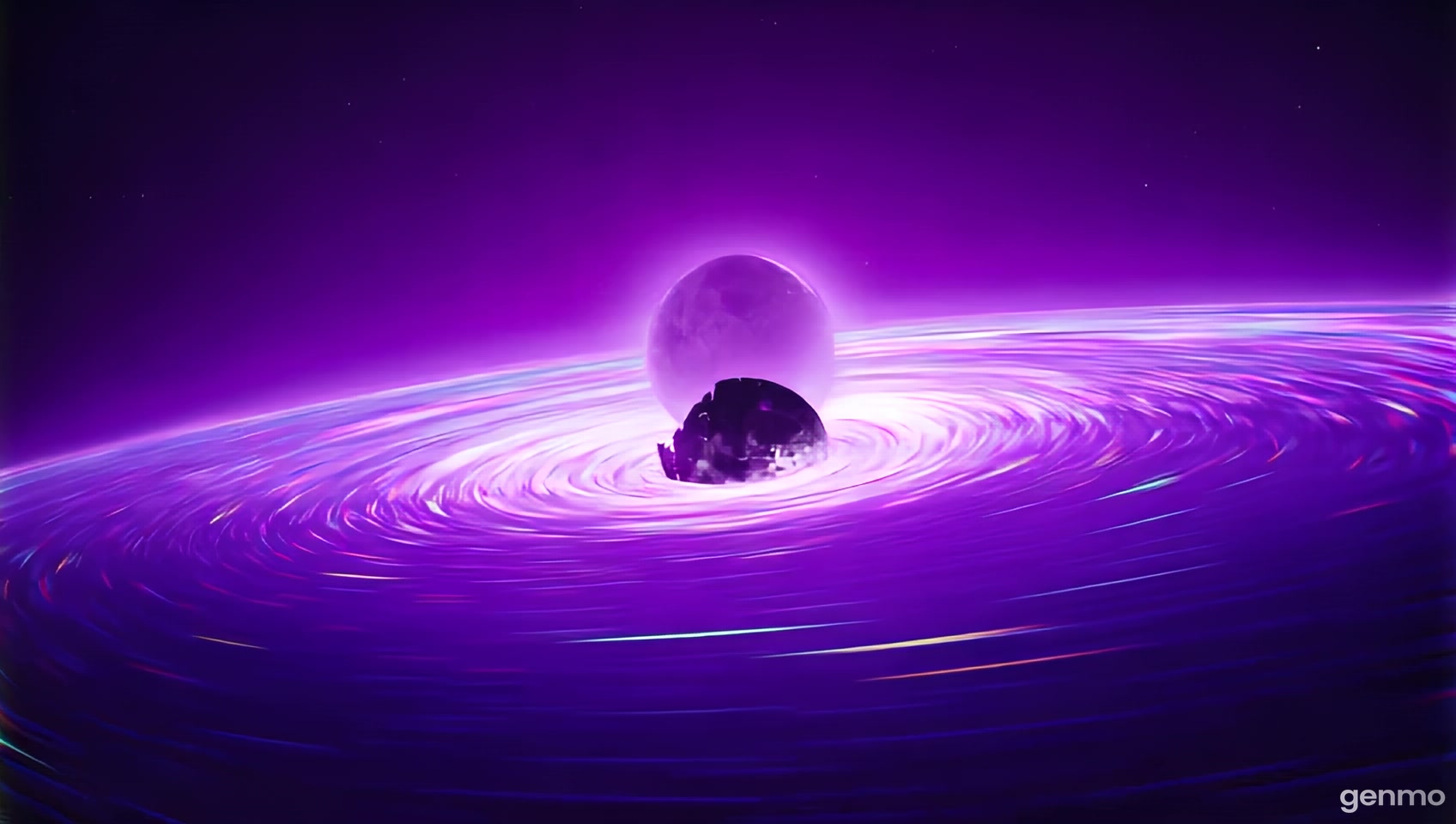 A shattered planet being absorbed by a black hole with a bright electric purple hue