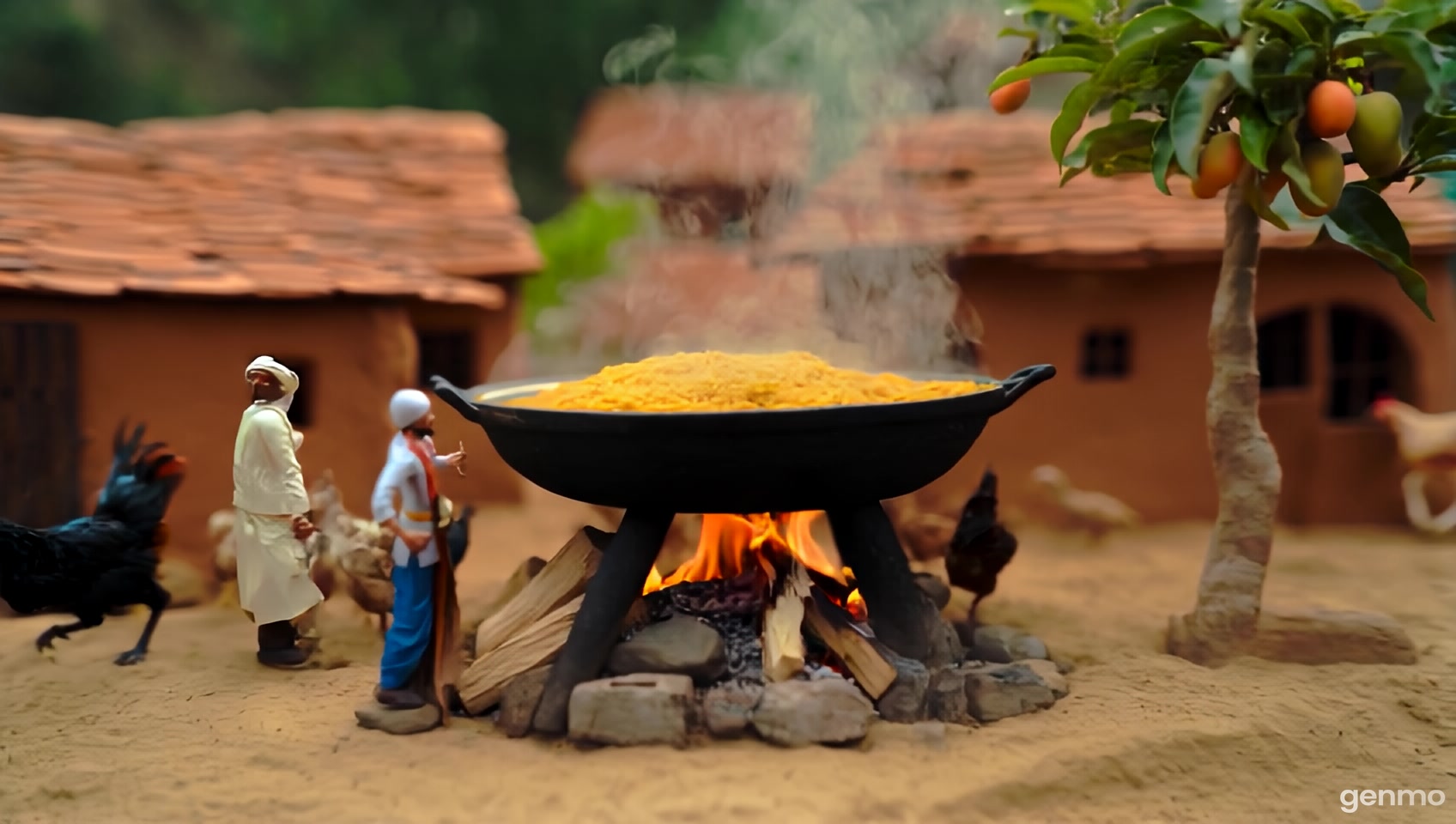 A hyper-realistic miniature village scene featuring a giant pot of biryani being cooked over a traditional firewood setup. Small human figurines in traditional Indian attire are stirring the rice, adding spices, and managing the cooking process. The village houses in the background are made of clay with tiled roofs, and there are chickens, goats, and cows roaming around. Above, a mango tree with ripe yellow mangoes is visible. The lighting is natural, giving a warm, homely feel, with steam rising from the biryani. The overall scene should look like an intricately detailed, handcrafted miniature model with realistic textures and colors.