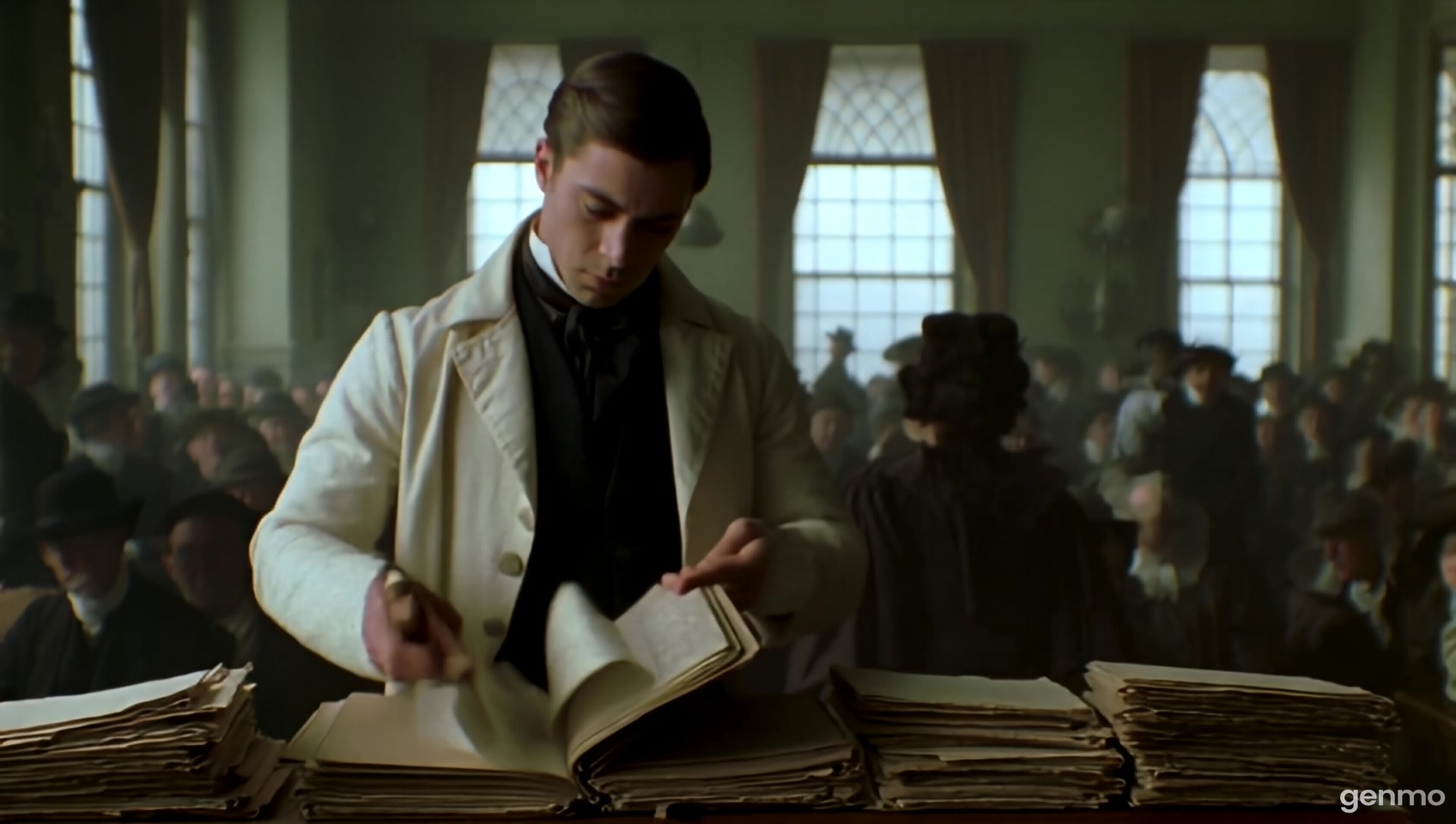 French Doctors in 19th-century attire overwhelmed with patients, flipping through records