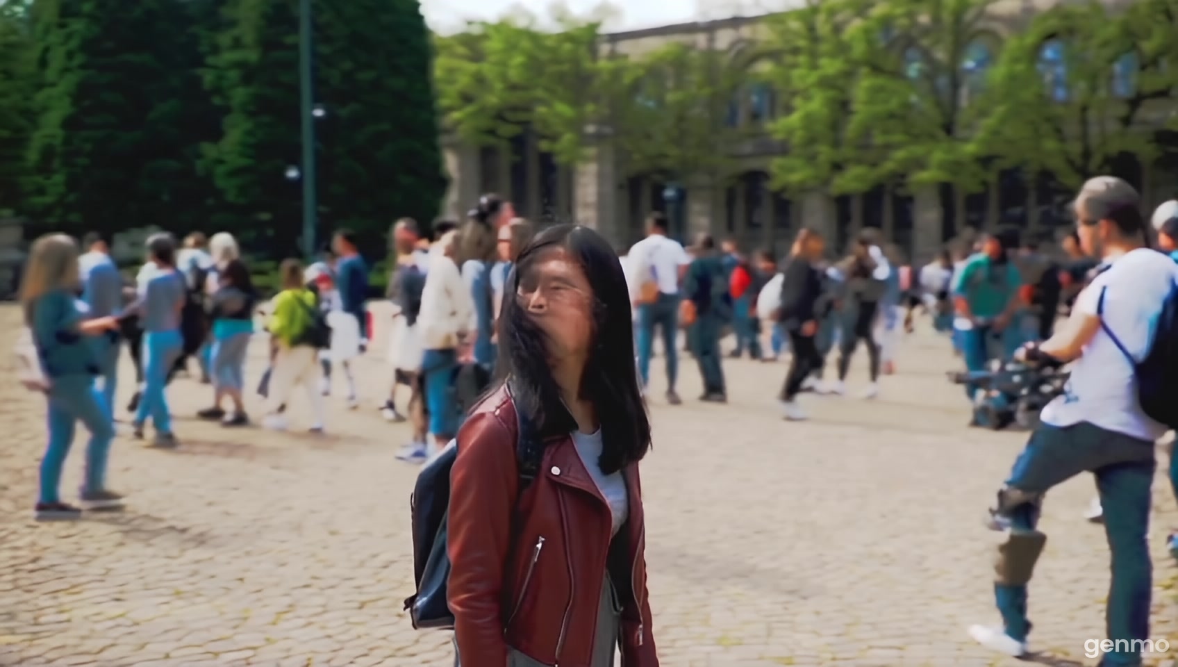 footage of drone flying over crowded university yard and stopping at the selected one young famale student. She looks and the camera with curiosity and amusement.