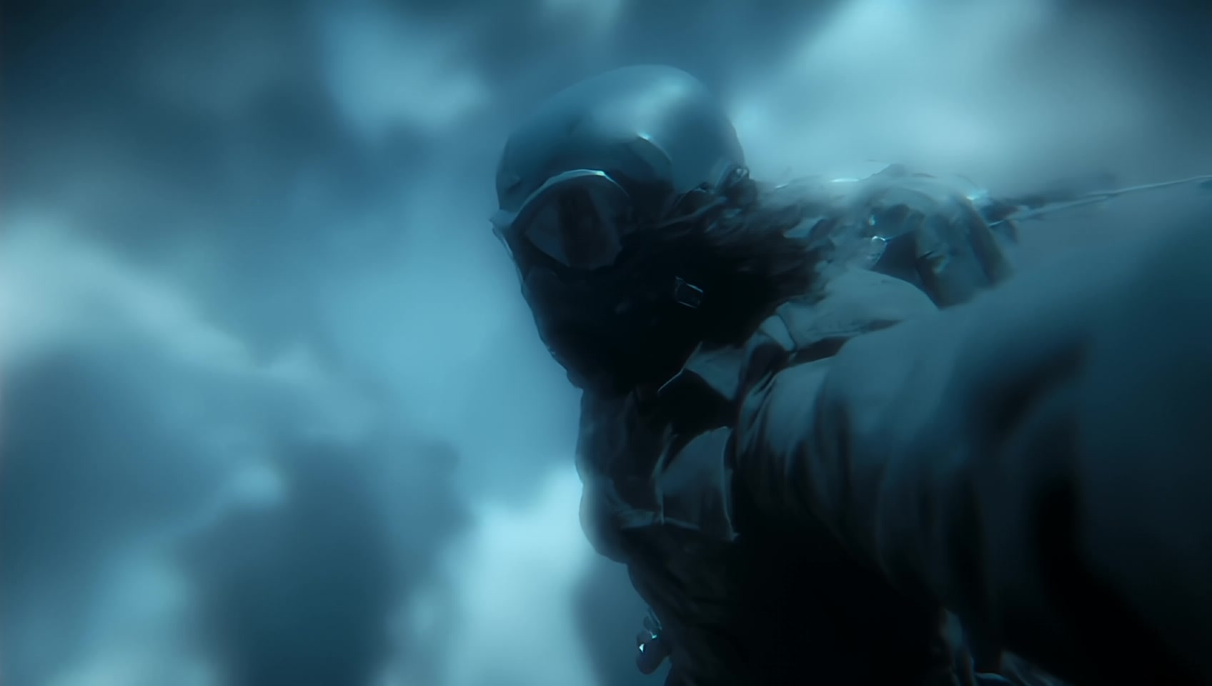 Hyper realistic Cinematic shot of person in gas mask and trench coat with futuristic jet pack flying at hypersonic speeds through clouds and thunderstorms pov shot of his arm radar being followed by clone of his self