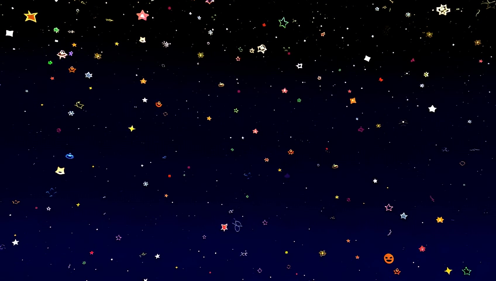 A dark night sky filled with twinkling stars of various sizes and colors. Some stars could have cute faces or sparkle extra brightly. Maybe a friendly-looking crescent moon.