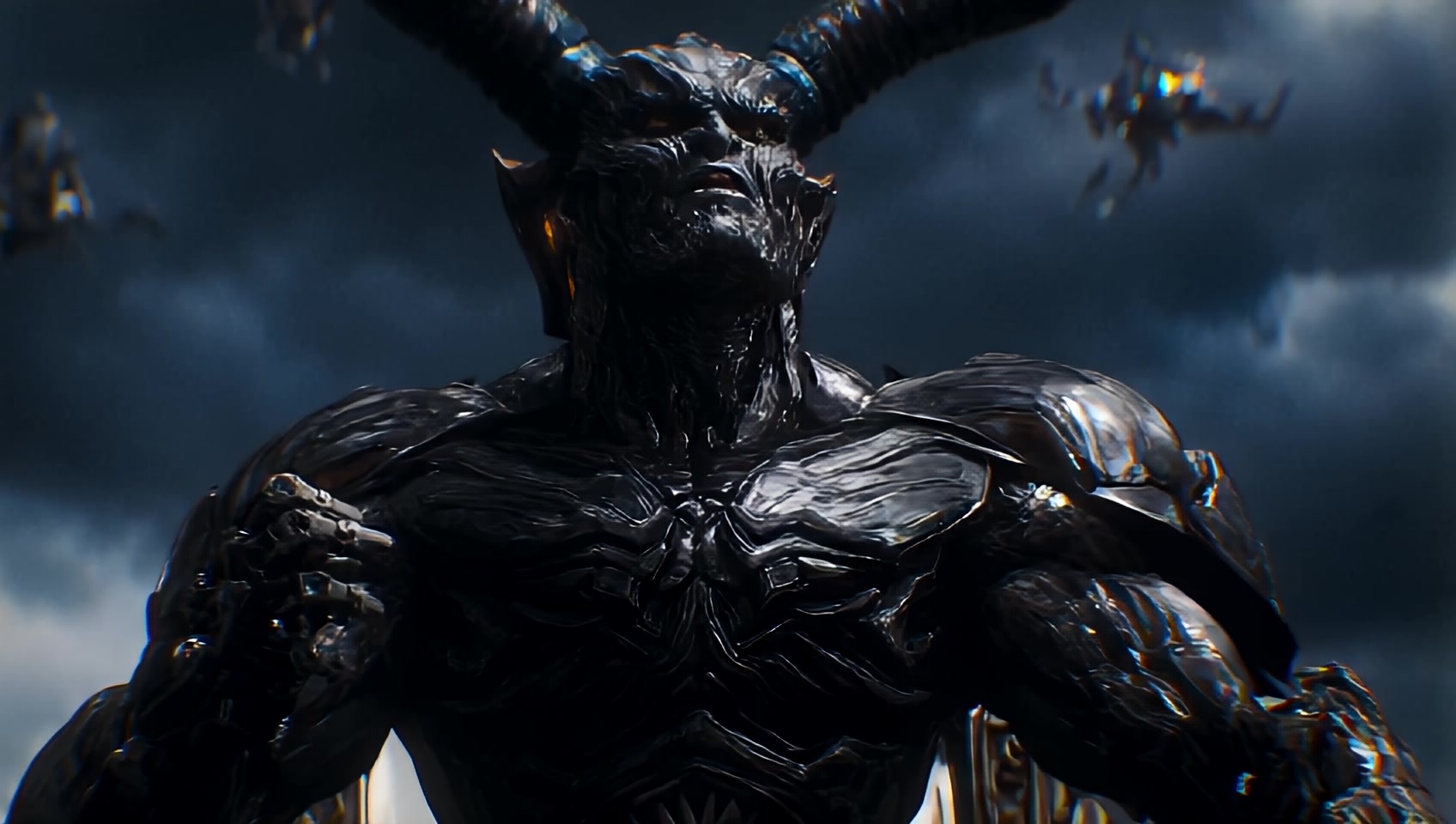 A dark male alien Symbiot robot horns like a ball sitting on the throne with armor  weapons, metallic amor robot  flying at hypersonic speed through clouds and lightning giving chase to a person in gas mask and jet pack looking for blue stone