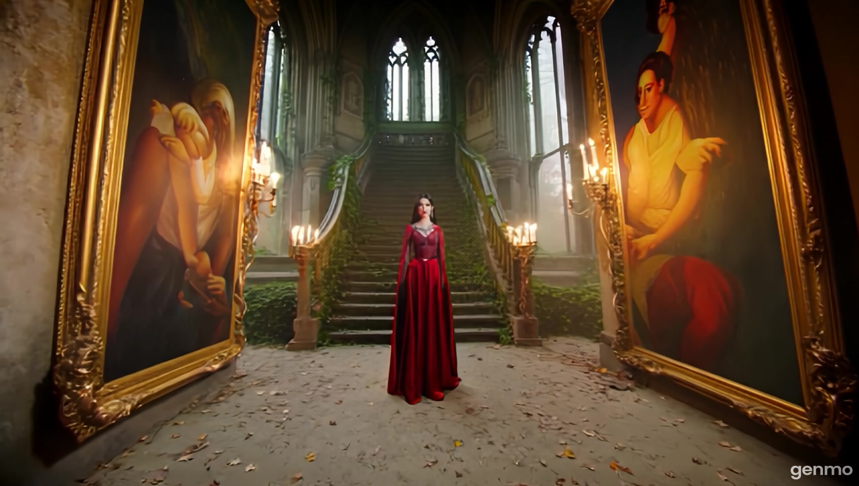 A beautiful realistic girl with dark hair in a dark red futuristic dress with silver jewelry stands in the hall of a large abandoned old mansion, shrouded in thick autumn fog. She has expressive blue eyes, full of feelings, she is standing in the large hall of an old abandoned mansion looking at large paintings that hang on the walls in old golden frames, between the paintings hang twisted candlesticks with burning candles, ivy is curling, behind is a large wide staircase to the second floor with beautiful twisted railings, huge windows in the form of arches in the Gothic style in them you can see the background of an autumn mysterious forest, shrouded in thick autumn fog. The scene captured the eerie atmospheric ruins of the castle with weathered stone walls covered with creeping ivy. The atmosphere is romantic, the dawn sun is shining and its radiance is reflected in the eyes.