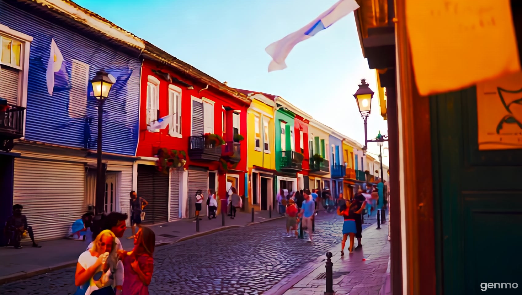 Caminito, an iconic neighborhood in Buenos Aires. Showcase its colorful tin houses in bright shades like red, blue, yellow, and green, reflecting the area's traditional style. The streets should be made of cobblestones, with a lively atmosphere featuring street artists, tourists strolling, and perhaps an impromptu tango performance on the sidewalk. The lighting should be warm, evoking a sense of nostalgia and Buenos Aires' rich culture. Add details like old-fashioned street lamps, balconies with flower pots, and Argentine flags waving in the breeze.