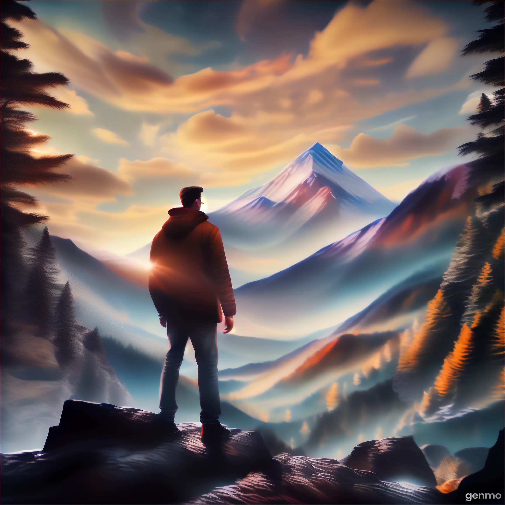 a digital painting of a man standing in front of a mountain