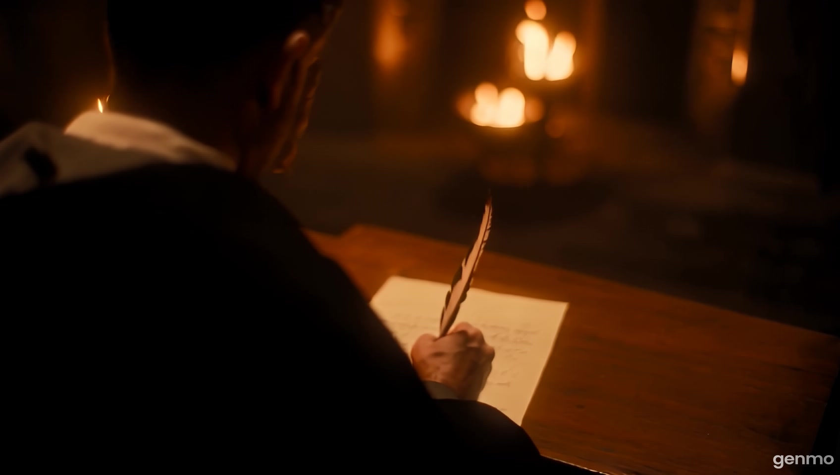 a monk seen from behind writes and draws on a parchment in a room lit by candles