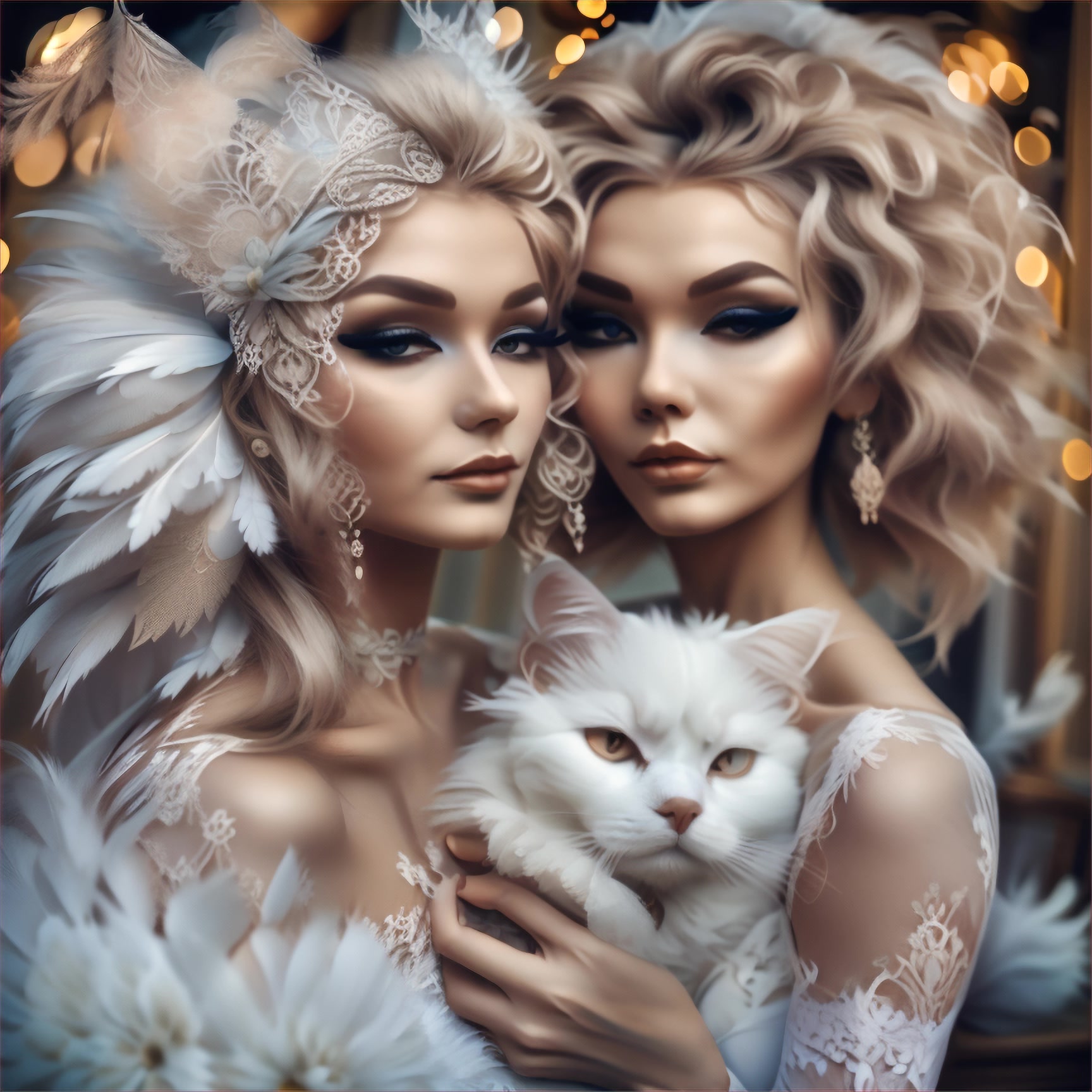 Art Nouveau woman dressed in carnival openwork mask,  in a beautiful white lace dress and a feather in her lush hairstyle  holding a fluffy white cat