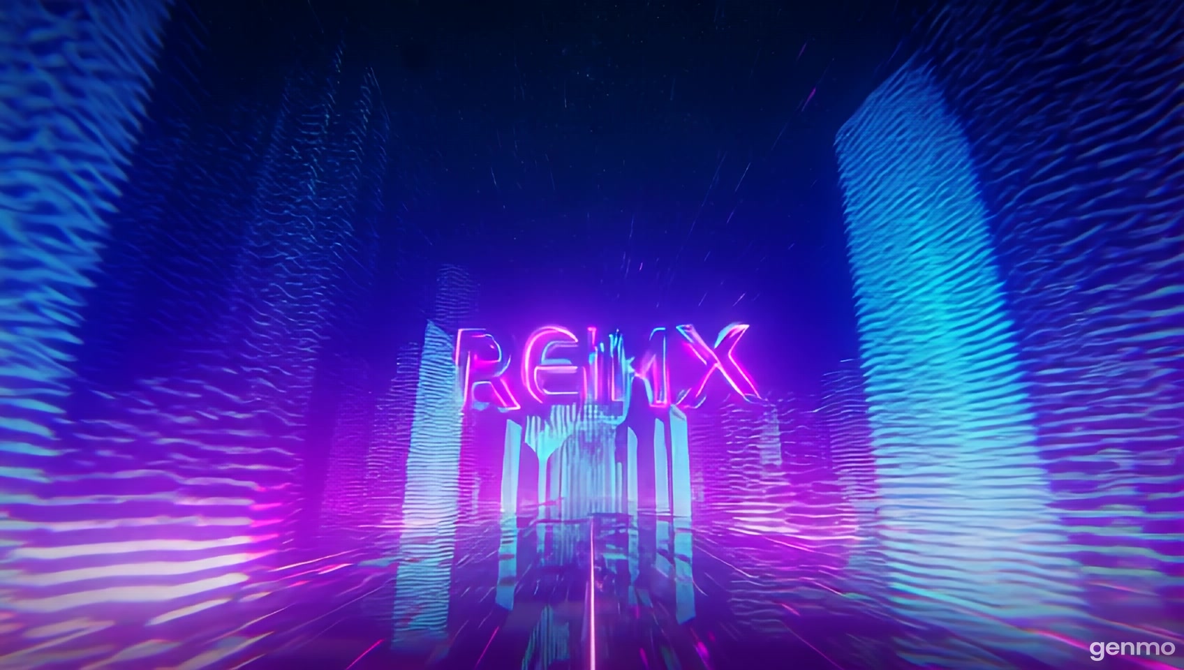 A futuristic digital metropolis pulses with holographic skyscrapers morphing to rhythmic waveforms, streets glowing with liquid circuitry. The "Reimix" logo floats in semi-3D glory - its sharp neon letters breathing violet-to-indigo light, edges trailing prismatic motion blur across the digital expanse. Holographic soundwaves ripple through the city, warping billboards that flash "Innovate Your Rhythm" in fractal typography. Luminescent threads extend from the text, weaving QR codes and musical symbols into the urban fabric before dissolving. Light trails form fleeting faces in the smoke-like atmosphere as background towers shift between crystalline and liquid states, their surfaces alive with hidden frequency patterns. The scene perpetually evolves - neon intensities cycling, floating glyphs rotating - maintaining fluid continuity through infinite innovation loops.