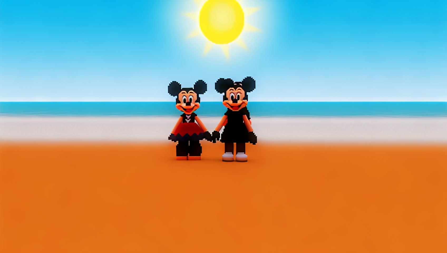 3d pixel studio cartoon Mickey and Minnie walk hand-in-hand along a sandy beach, smiling brightly. The sun is shining, and the ocean waves are gently lapping at the shore