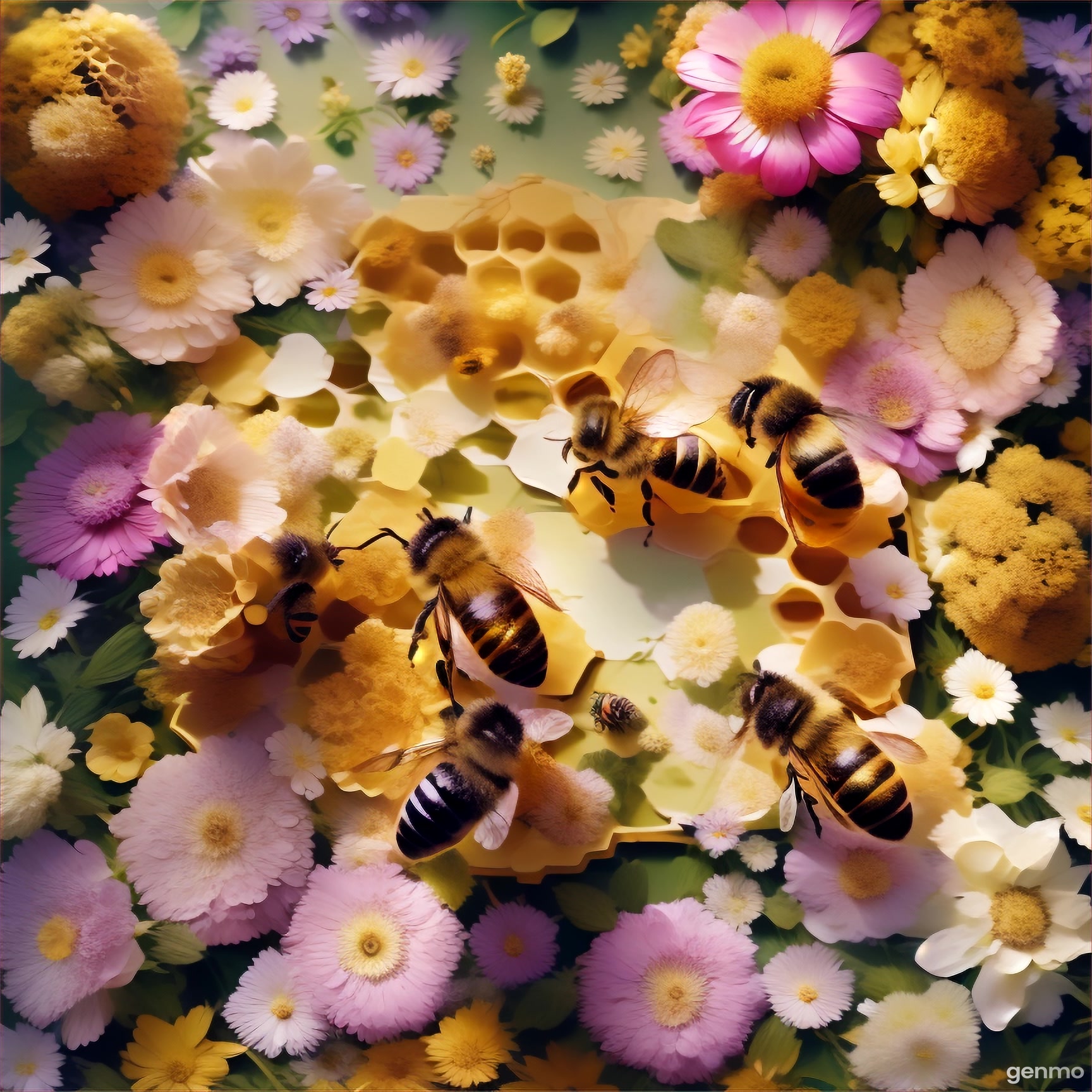 a painting of bees and honeycombs surrounded by flowers