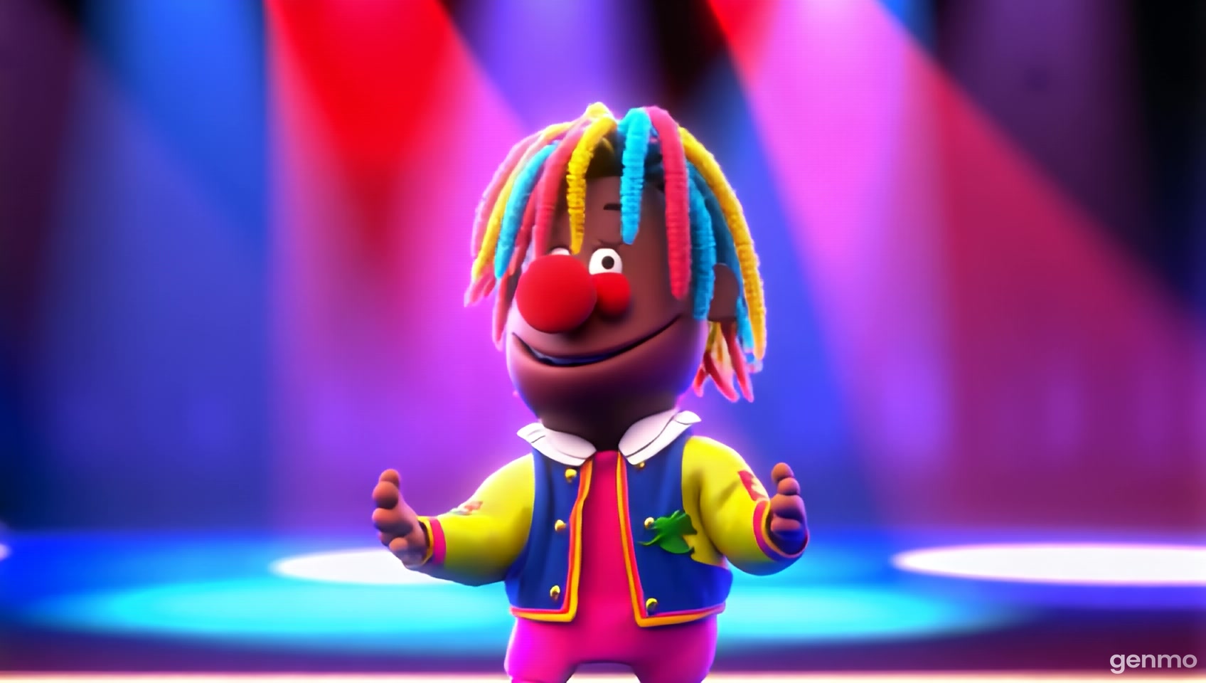 A 3d cartoon black man clown with dreadlocks and hip hop clothes dancing like MC Hammer with hip hop clothes on