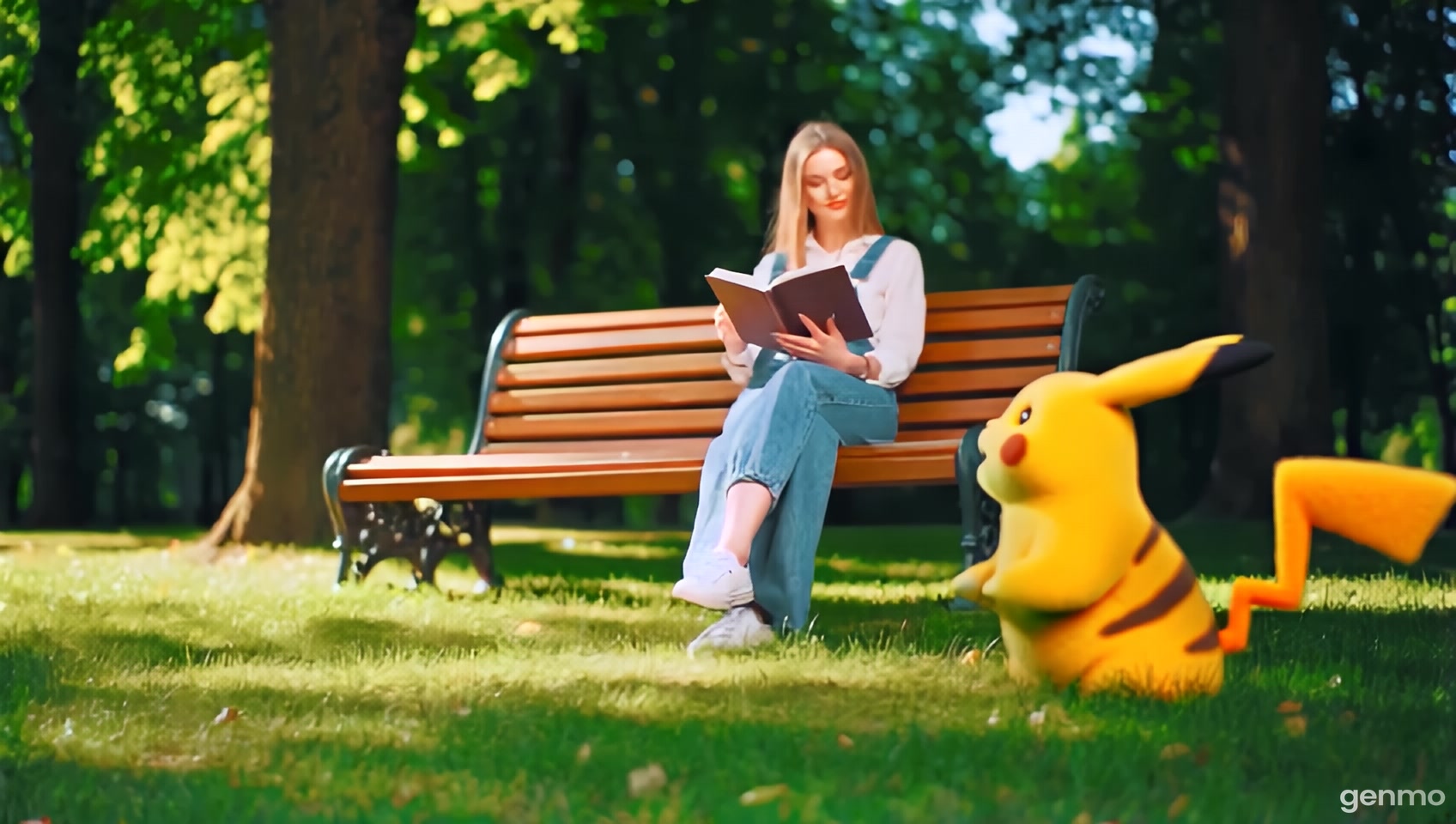u3090ba 46 japanese anime manga video of a women reading at the park.  a cute pikachu sit around her.
