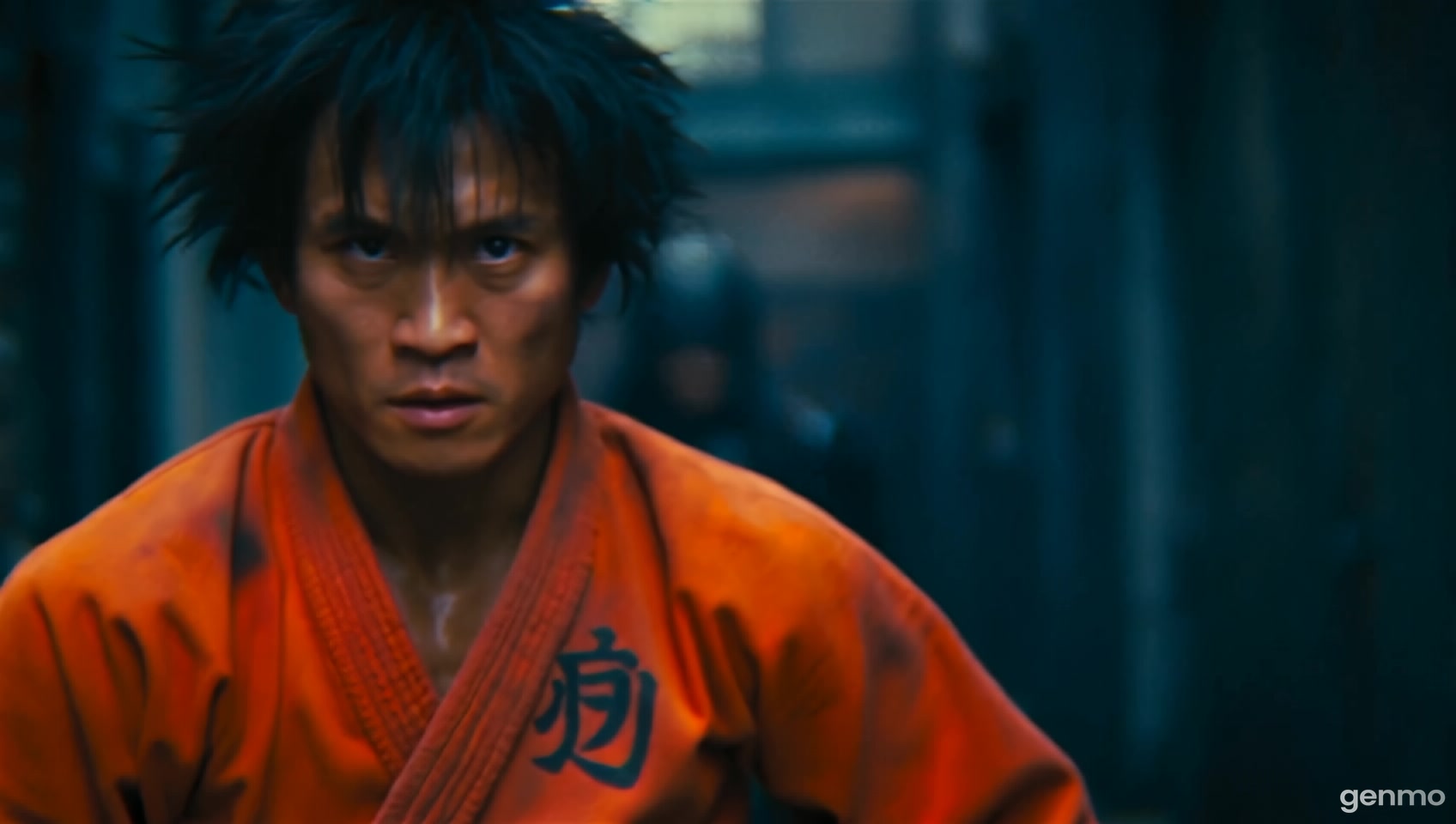"A powerful street fighter inspired by Goku, with a muscular, athletic build and intense focus, wearing a torn, battle-worn orange martial arts gi with a black undershirt. The gi is heavily distressed, with cuts and scorch marks from past battles, and the iconic kanji symbol on the back is partially faded. His hair is wild, spiking upwards, similar to Goku's, but with a slightly more rugged, street-fighter look, and his eyes burn with determination and fierce energy. His fists are wrapped with traditional tape, revealing his raw power and fighting prowess. Beside him, a dark, menacing villain looms—tall, muscular, with dark, sinister armor that reflects a menacing aura. The villain wears a black, high-tech bodysuit with glowing red accents, resembling dark energy, and has spiked, slicked-back black hair and glowing red eyes. The villain’s face is sharp, with a cold, calculating expression. The scene is set in a chaotic, dark alleyway with a stormy sky overhead, adding to the tension of their impending battle."