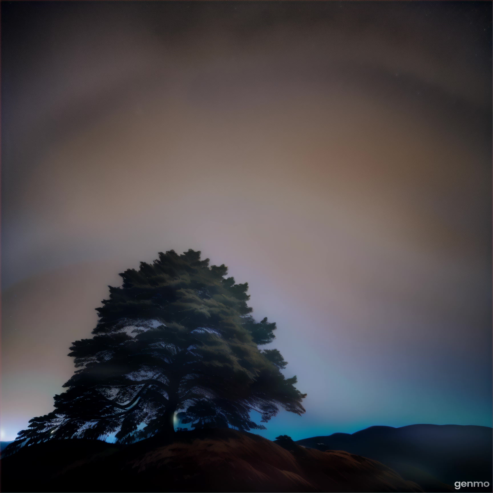 a tree on top of a hill with stars in the sky