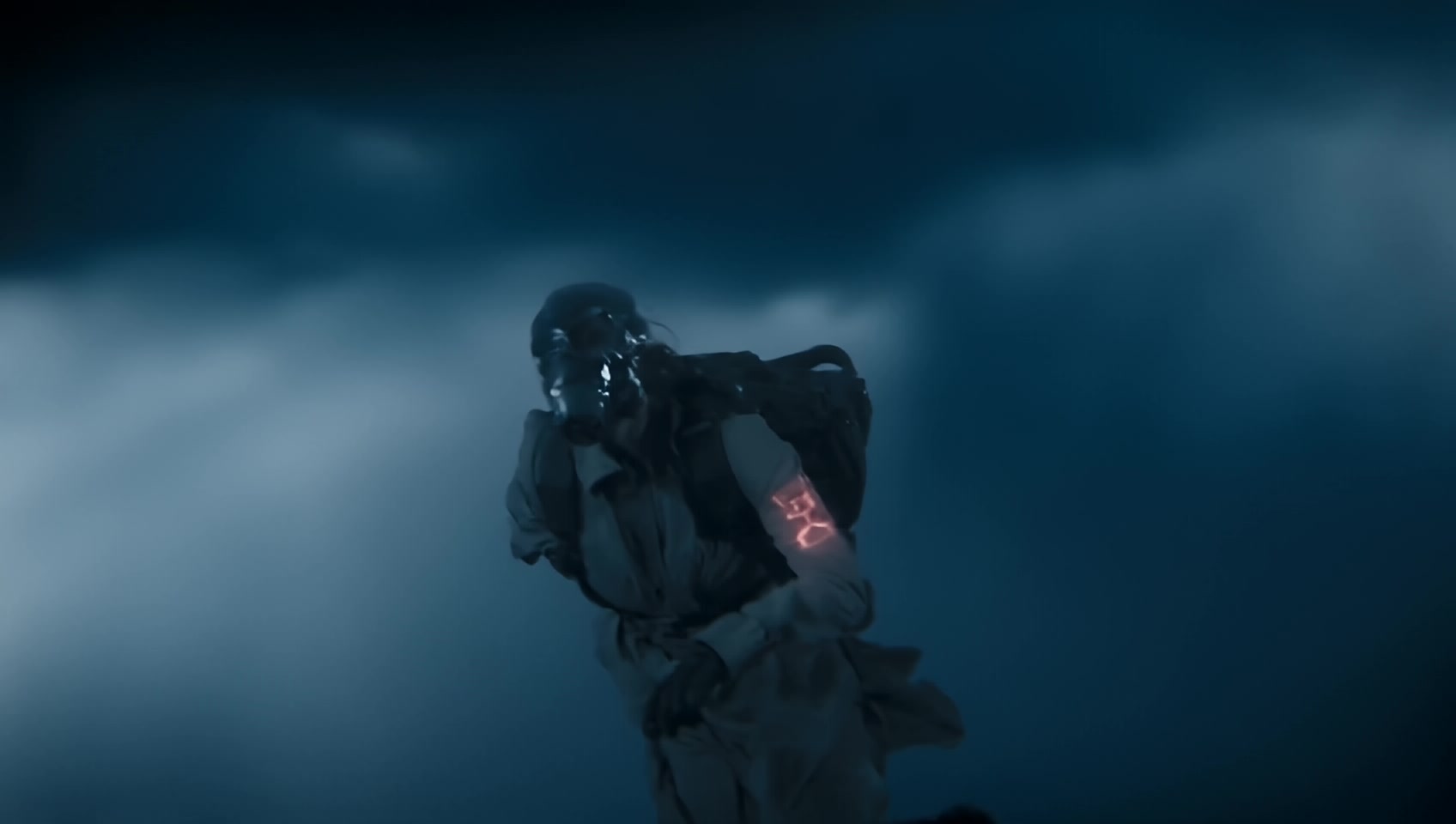 Hyper realistic Cinematic shot of person in gas mask and trench coat with futuristic jet pack .flying at hypersonic speeds through clouds and thunderstorms pov shot of his arm radar. being followed by male alien robot Symbiot. the robot is firing at jet pack at hypersonic velocity person turns to look at robot to evade him robot is in close proximity
