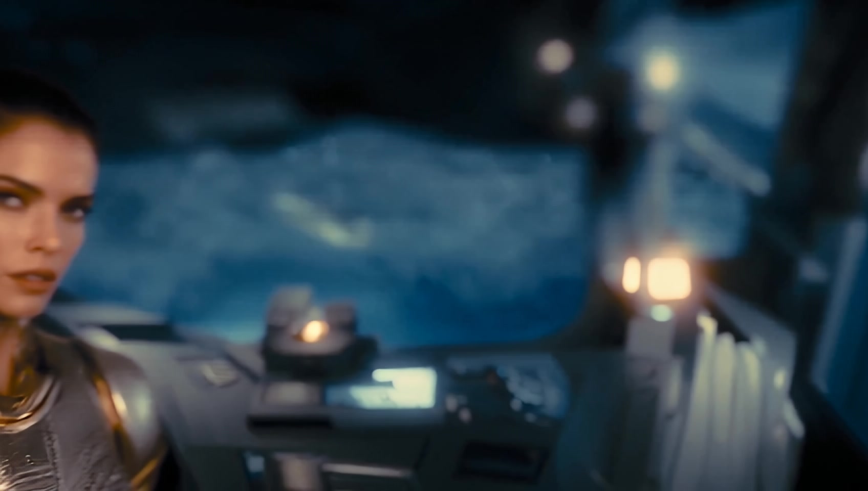 lose-up an lithe gorgeous  exotic woman wearing a form fitting silver and gold space outfit stands defiant, fire in her eyes, on the bridge of a intricate spaceship being fired at by enemy warships, immersive, IMAX Clarity, ultrafine, superfine details