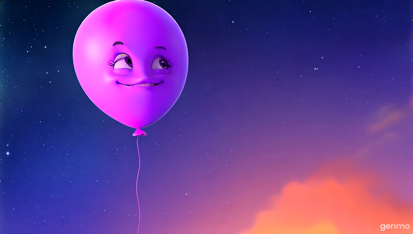 Show a purple balloon gently floating in the night sky, with stars twinkling all around it. The balloon should have a cute face and bounce up and down. As the balloon floats, an orange butterfly flutters by, with its wings sparkling with tiny stars. Both characters (the purple balloon and the orange butterfly) should be moving gracefully, interacting with each other as they spin around playfully in the sky. The text "O roxo é misterioso, como a noite a chegar, e o laranja, uma festa no céu ao amanhecer" should appear with glowing letters that gently float across the screen.
Settings:

Style: Dreamy, magical, and peaceful.
Characters: Purple balloon with a happy face, orange butterfly with sparkling wings.
Mood: Magical, dreamy, peaceful.
Background: Starry night sky with floating purple and orange elements.
Colors: Deep purple, bright orange, soft pinks, and sparkling white