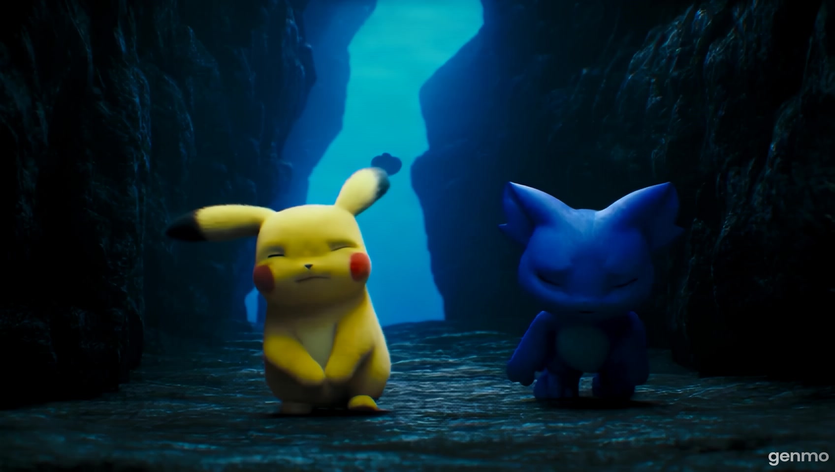 A dark underwater trench with glowing red eyes emerging from the shadows, Pikachu and blue Vaporeon(same character image from privious created video (can see each other, they are not look dark) looking nervous, cinematic horror lighting, deep-sea creatures in the distance