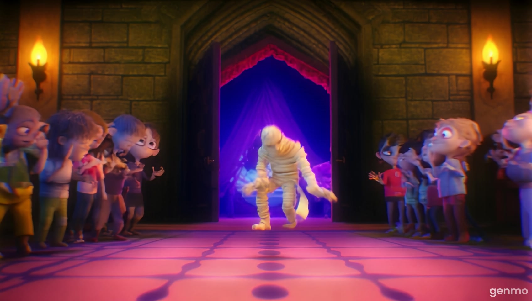 From the shadows of an ancient tomb, a mummy wrapped in bandages jumps into the middle of the dance floor! The zombies cheer as the mummy spins, breakdances, and does the moonwalk like a superstar. The bandages start unraveling, but instead of panicking, the mummy uses them as ribbons to twirl around!  make the scene in 3Dcartoon