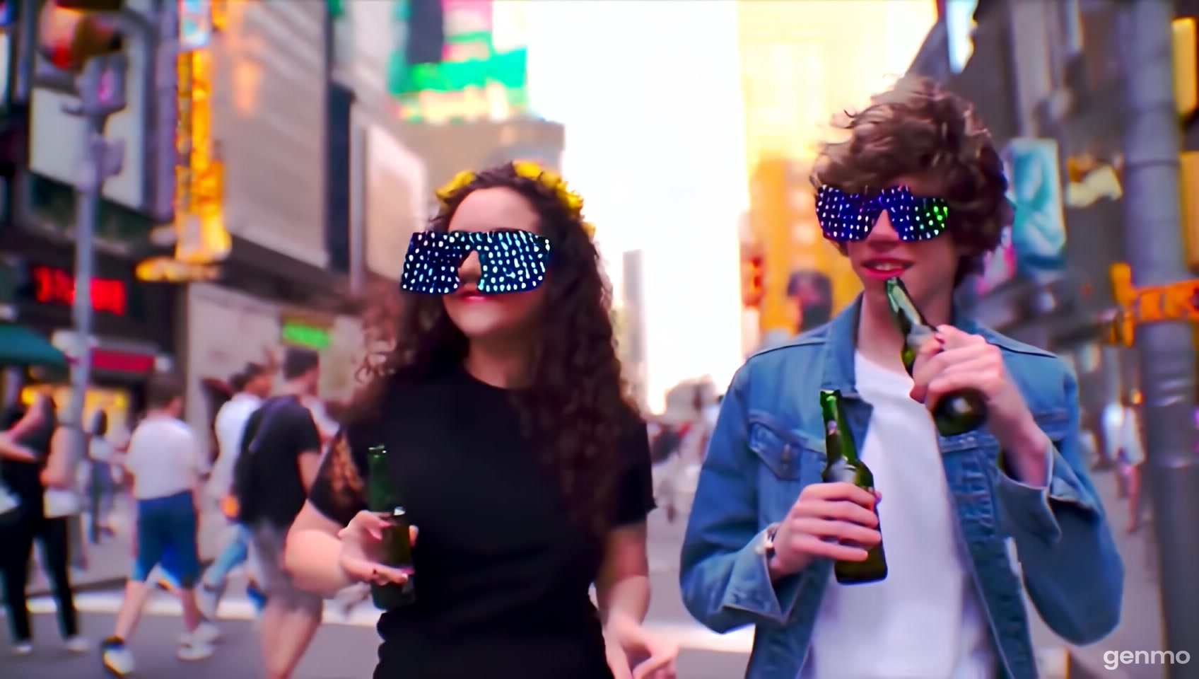 ein punkrockgirl ein punkrockboy laufen entgegengesetz in der stadt an einander vorbei und beide haben eine discobrille auf und trinken bier