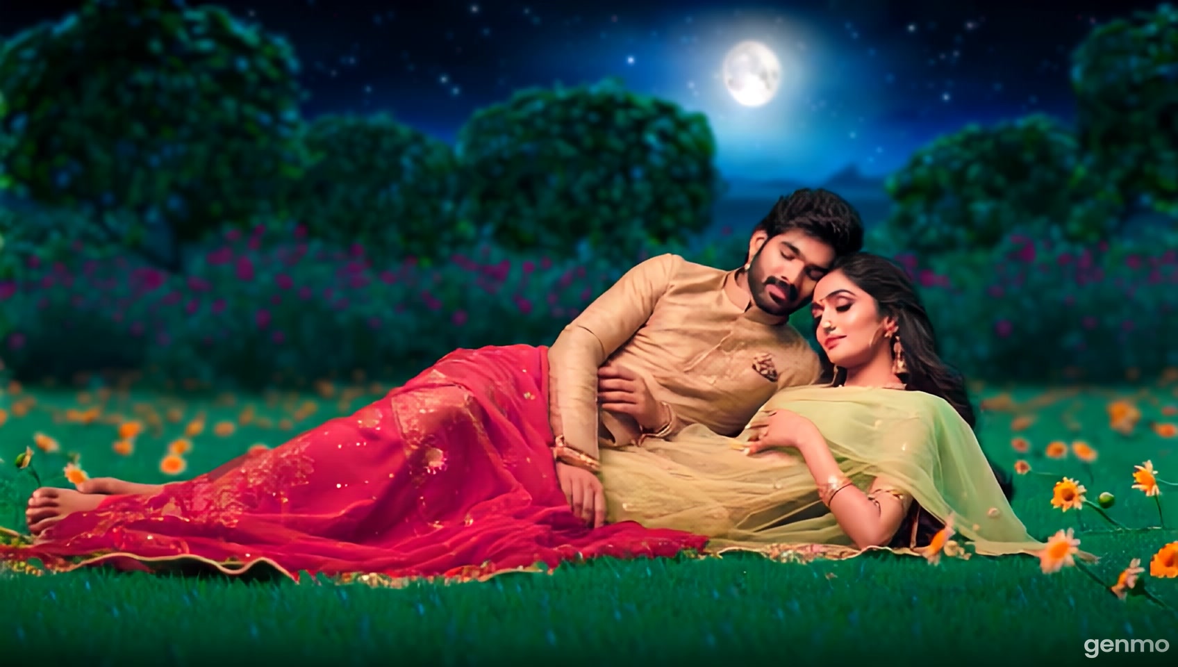 Lord krishna is trying to sleep on goddess radha's lap