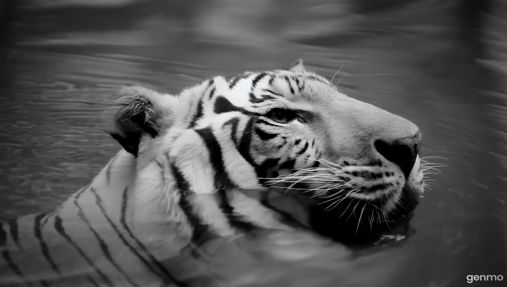 crea un video realistico cinematografico vintage in bianco e nero. l'immagine mostra una tigre che fluttua nell'acqua all'interno di un acquario.  .  Camera: Canon EOS R5. Lens: Canon RF 24-70mm f/2.8L IS USM, uhd, cinematic.