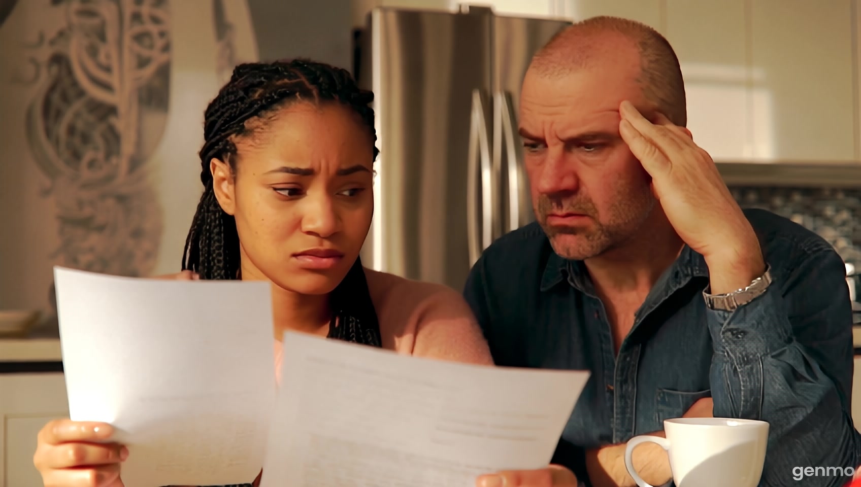 youngly middle aged mixed woman of color with her braided hair and her middle aged brown skinned mixed man of color husband, stressed at table in kitchen looking at bills and papers, rubbing forehead due to struggles, warm environment, modern day, mystic, universe,