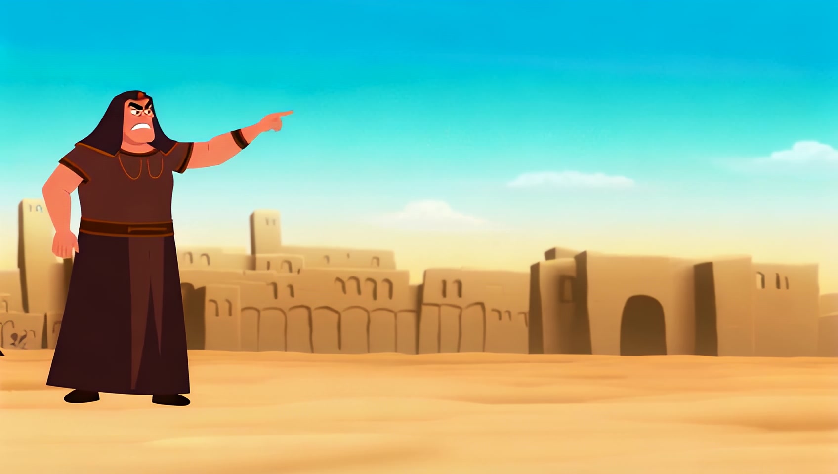"Pharaoh, angry and frustrated, pointing at Abram while Egyptian guards prepare to escort him and his family out of the city with blue stone. walk away, hiding stone Stone is spinning and giving off light guards give chase showing spears