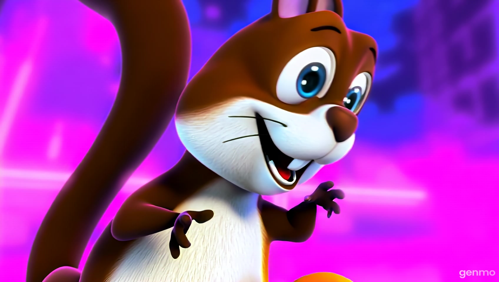 In a Hanna-Barbera style cartoon scene, a playful squirrel with exaggerated features joyfully chomps down on a bright orange carrot, showcasing its wide-open mouth in a moment of delight. The character is framed in a close-up shot with bold outlines and simplified shapes, emphasizing its animated expression and the vivid colors of its fur and the carrot. As the camera pulls back, it reveals the broader context of a vibrant urban setting, filled with glowing neon lights in electric blues and pinks, reflecting off glossy surfaces and enhancing the retro-futuristic vibe. The high-contrast lighting creates a nightclub ambiance, infusing the scene with energy and excitement. Set in a whimsical world reminiscent of modern animated films, this depiction captures the essence of urban playfulness, presented in a crisp HD resolution that