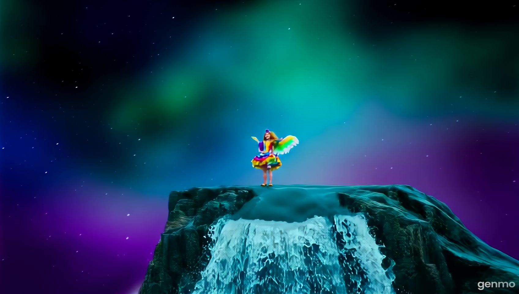 The edge of the world. Water falls from a cliff. Water pours into space. The girl looks into the abyss. The girl is dressed in a clown costume. the girl has one wing and very long hair. Turquoise, dark purple, blue, green.