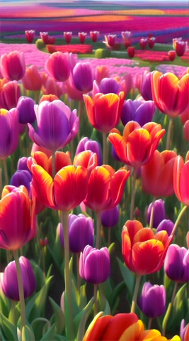 Create a field of 3d brilliant colorful  beautiful springtime majestic tulips growing up very tall upwardly in a field with the most amazing view with a glorious morning and humming birds flying around in a fluid movement with lots of pristine clarity