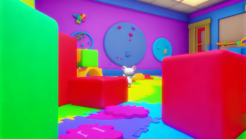 3D cartoon Jerry the mouse in "A brightly colored, whimsical playrooof m with oversized toys and scattered building blocks."