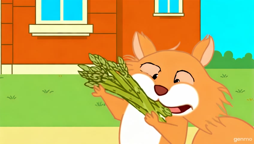 In a Hanna-Barbera style cartoon scene, a playful squirrel with exaggerated features joyfully chomps down on asparagus, showcasing its wide-open mouth in a moment of delight. The character is framed in a close-up shot with bold outlines and simplified shapes. Set in a whimsical world reminiscent of modern animated films, this depiction captures the essence of backyard playfulness, presented in a crisp HD resolution that