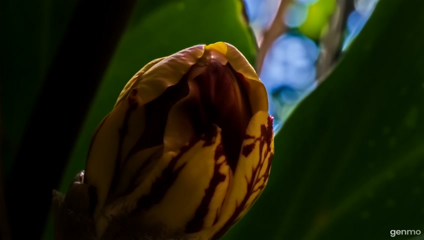 Close-up: A closed bud of a fabulous flower of unusual shape, burgundy-yellow color, reminiscent of an orchid in the Amazon forest. Rays of sun break through the foliage, creating a magical glow
