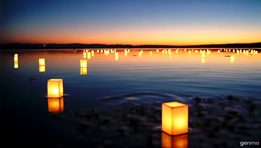 A calm lake at dusk with softly glowing lanterns drifting on the water's surface. The warm light reflects on the gentle ripples as the last bit of sunlight fades on the horizon, creating a serene and mystical ambiance