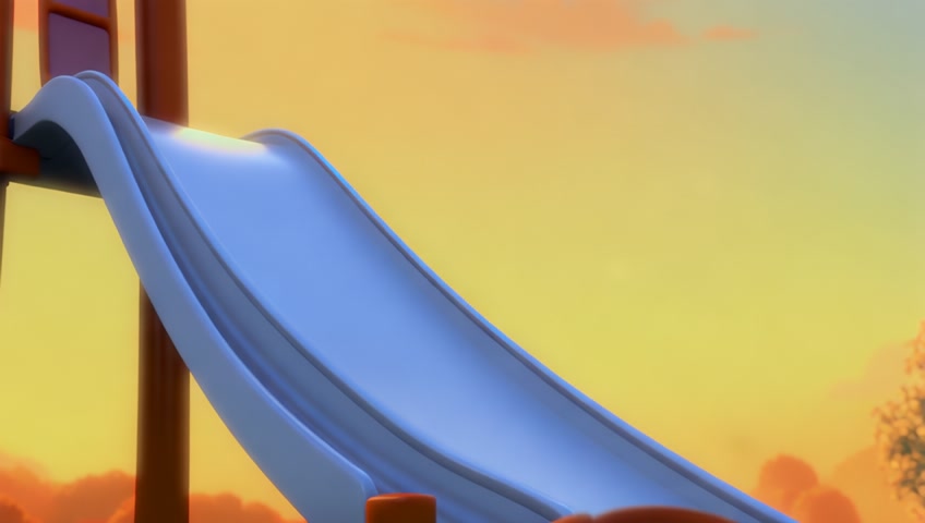 The child climbs up a slide ramp, looking determined. The sun shines brightly, and other children play in the background. make it in 3D cartoon