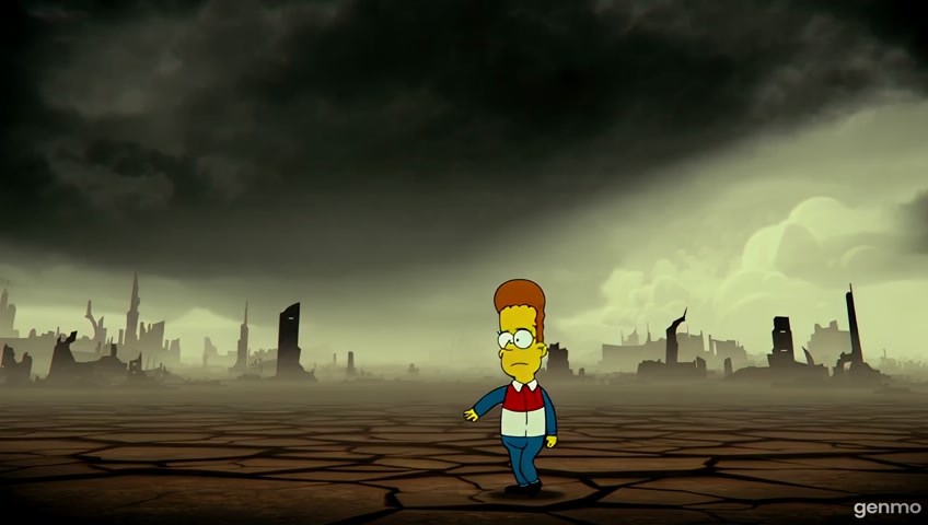 creame una imagen donde se vea a homero simpsom en el fin del mundo
