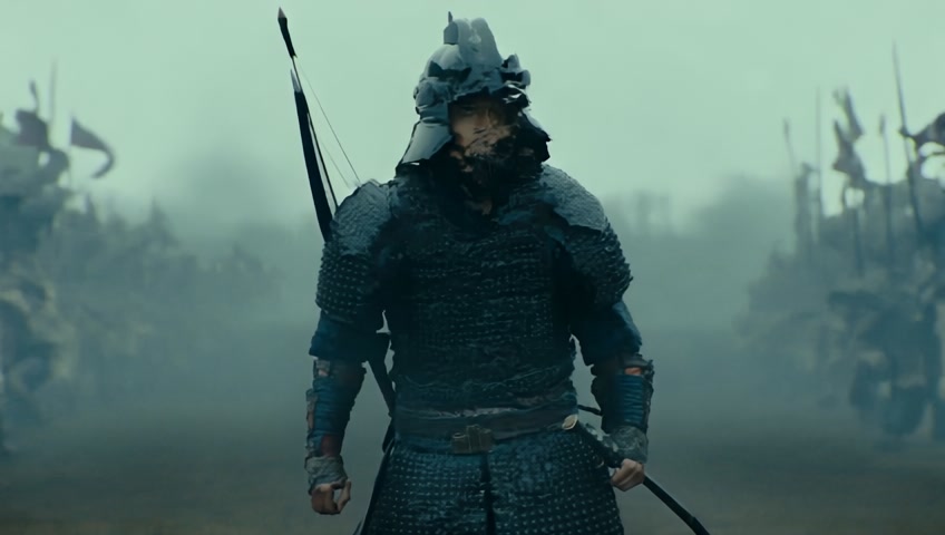 Chinese samurai army running full speed into battle cinematic shot of samurai warrior, army swinging sword with  bow in there hands fighting off a hoard of evil samurai