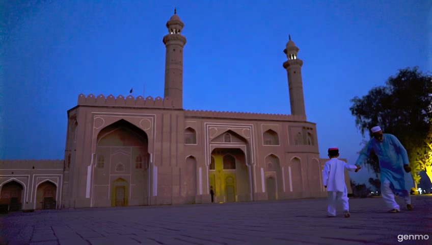 Wide shot of a mosque entrance in Lahore just before dawn: The sky is deep blue as Pakistani men in white kurtas and prayer caps enter the mosque for Tahajjud and Fajr prayers. Outside, a young boy in a light blue shalwar kameez walks hand in hand with his grandfather, symbolizing the passing of faith and tradition through generations.