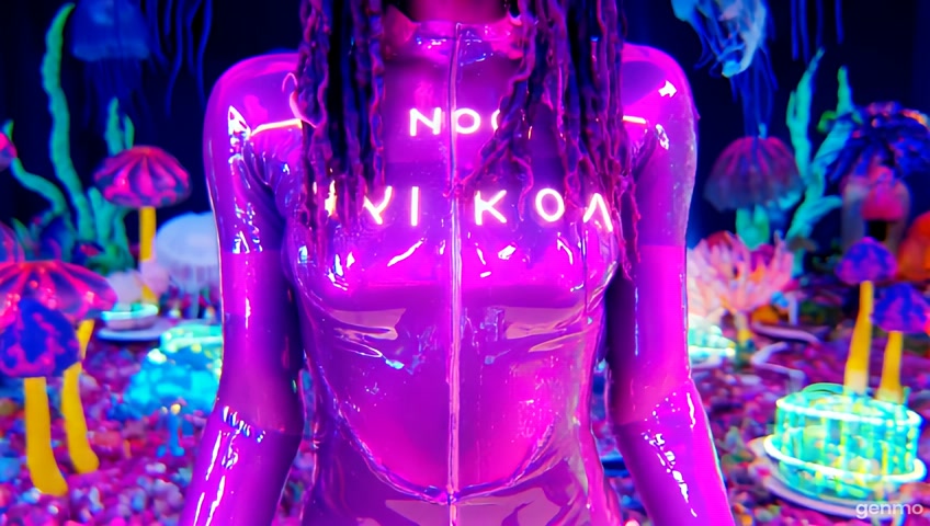 A surreal photo of a Black rasta extravagant female model with glowing magenta skin covered in bioluminescent slime, wearing a transparent plastic magenta suit that reflects neon lights. The suit is covered in pulsating fungi-like growths that spell out "NOKOKO" in a dripping, alien font. Her dreadlocks are floating as if she's underwater, and tiny electric eels slither through them. She has hypnotic yellow eyes with spiral pupils and a grin that reveals metallic, gold-plated fangs. The background is a dreamlike cyber-jungle filled with levitating jellyfish, fluorescent mushrooms, and flickering glitchy holograms. The photo is shot in the over-the-top, hyper-detailed cinematic style of Annie Leibovitz, using Kodak film that seems to melt at the edges, warping reality itself.