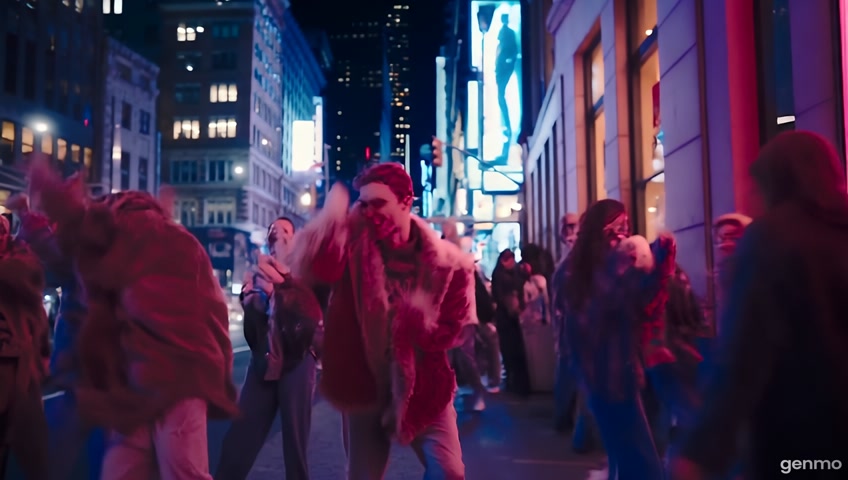 night. street downtown New York City.    a few people are dancing like in a disco in front of a house.  photorealistic shot expresses joy and fun.