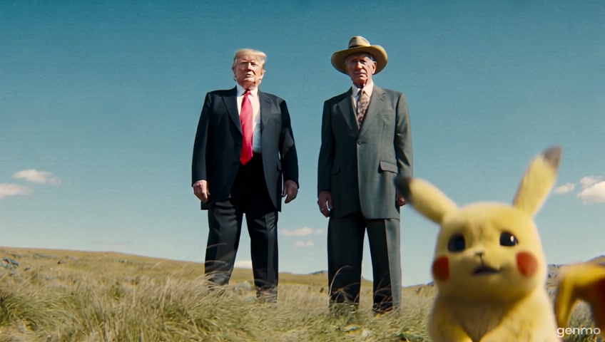 USA president trump dance  with Russia president Putin at a west wild field, Pikachu is worried about their relationship