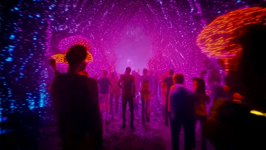 A rapid montage of vibrant clips: Patrons vibing, psychedelic fungal visuals, epic Myco-Verse explorations, musicians performing, futuristic avatars dancing to bass-heavy fungal beats.