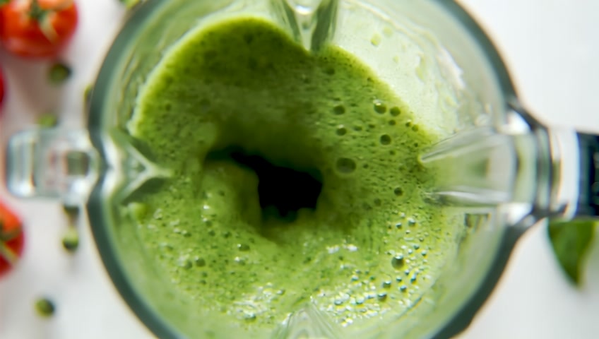 Green fresh smoothie blended in blender, top view. Healthy eating concept. Super slow motion filmed on high speed cinematic camera.