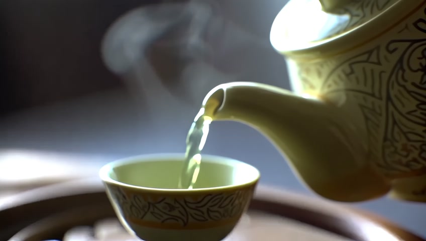 Chinese tea ceremony of pouring green tea. Tea drinking, ritual, Asia, drink, wholesome, hot, steam, meditation