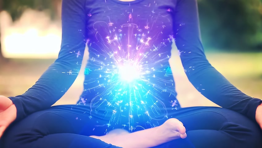 A human character meditating where we see the energetic fields of the body represented in pulsating lines and shimmering colour.