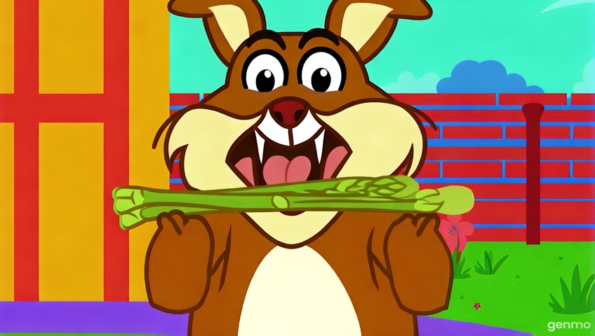 In a Hanna-Barbera style cartoon scene, a playful squirrel with exaggerated features joyfully chomps down on asparagus, showcasing its wide-open mouth in a moment of delight. The character is framed in a close-up shot with bold outlines and simplified shapes. Set in a whimsical world reminiscent of modern animated films, this depiction captures the essence of backyard playfulness, presented in a crisp HD resolution that