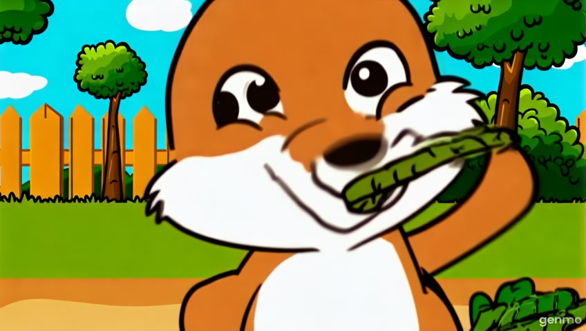 In a Hanna-Barbera style cartoon scene, a playful squirrel with exaggerated features joyfully chomps down on asparagus, showcasing its wide-open mouth in a moment of delight. The character is framed in a close-up shot with bold outlines and simplified shapes. Set in a whimsical world reminiscent of modern animated films, this depiction captures the essence of backyard playfulness, presented in a crisp HD resolution that